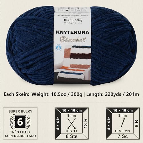 #6 Super Bulky Blanket Yarn for Crocheting - 4 Skeins(Each 10.5oz/300g, 220yds/201m), Chunky Chenille Thick Plush Big Soft Yarn for Crocheting Knitting Blankets, Navy Blue - color: Navy Blue