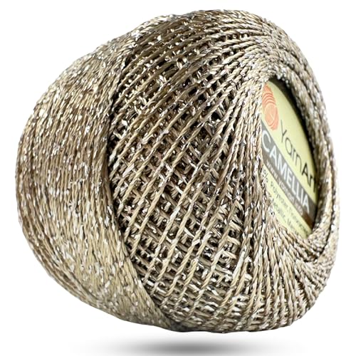 Yarnart Camellia Metallic Shimmer Fine Yarn - 70% Polyester, 30% Metallic, 192m, 20g, Crochet Thread, Lace, Embroidery, Jewelry Making, and Decorative Craft Yarn, 1.25mm Hook (Beige, 20g Skein) - color: Beige, size: 20g Skein