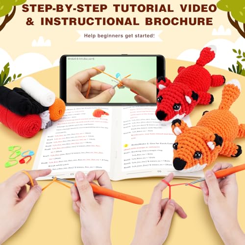 Crochet Kit for Beginners - 2 PCS Fox Crochet Kits with Step-by-Step Video Tutorials, Beginner Crochet Kit for Adults, Crochet Animal Kit, Crochet Fox Set - color: Orange Red Fox Set