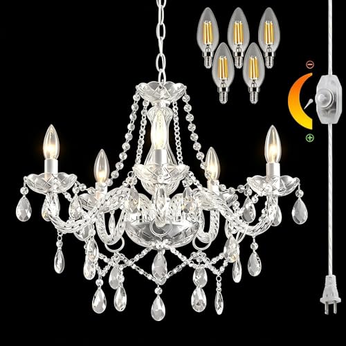 DIMMABLE Full Glass Plug in Chandelier 5 Light Crystal (Bulbs Included), White Hanging Pendant Ceiling Light Fixture with Long Cord, Modern K9 Crystals for Bedroom Dining Living Room Kitchen Island - color: White