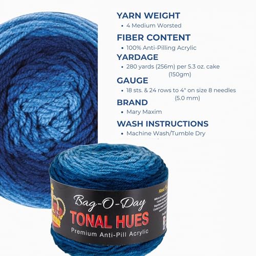 Mary Maxim Bag-O-Day Tonal Hues Ombre Yarn for Crocheting and Knitting, Medium Worsted Weight Anti-Pilling Acrylic Yarn Cake - 280 Yards, 5.3 OZ, Melancholy Blue - color: Melancholy Blue