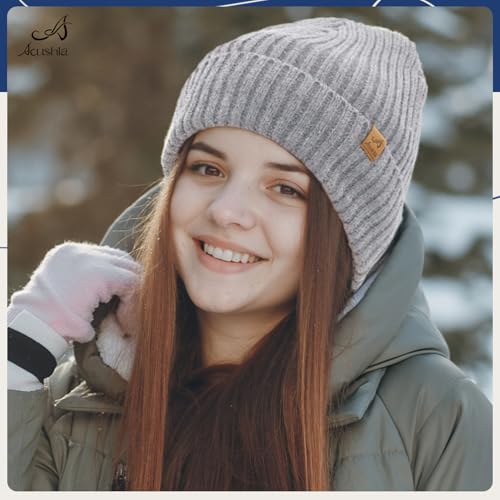 ACUSHLA Waterproof Windproof Winter Hat for Men Women Fleece-Lined Beanie - color: Light Grey