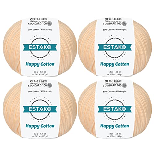 Estako Happy Cotton 60% Cotton 40% Acrylic Yarn, Sport 2, Nude, 4-Pack | soft, fine, 200 g, 720 yds, baby clothes, amigurumi, 2-3 mm hook, summer tops, hats, blankets - color: 4170 - Nude, size: 4 Skeins