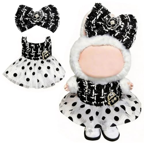 Doll Clothes for Labubu 15cm/17cm Dolls,Outfit for Labubu,Dress and Hairpin Set for Labubu Dolls Cute Stylish Dress Up Set(NO Doll) - color: Black-white Tweed