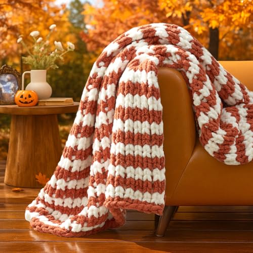 Chunky Knit Throw Blanket for Couch 50"x60", Burnt Orange & White Striped | Handmade Chenille Crochet Throw for Sofa Bed, Thick Cable Knitted Blankets for Room Home Decor, Birthday Gift for Women - color: Burnt Orange/White Stripe, size: 50"x60"