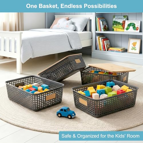 Bagnizer 4 Pack Plastic Storage Bins with Bamboo Lids, 6.2qt Stackable Storage Organizer Box with Lable for Pantry Shelves Drawers Desktop Office, 12"L x 8.3"W x 3.5"H, Gray - color: Gray, size: Shallow- 4 Pack