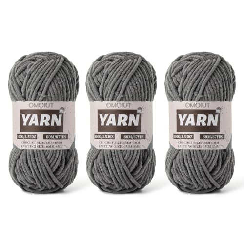 Fluffy Chenille Yarn for Crocheting - Baby Yarn for Crocheting Soft Blanket - 3 Pack of 100g/(87.4yds) Crochet Amigurumi Chunky Yarns - Super Bulky 5 Velvet Yarns (3 Dark Gray) - color: 3 Dark Gray