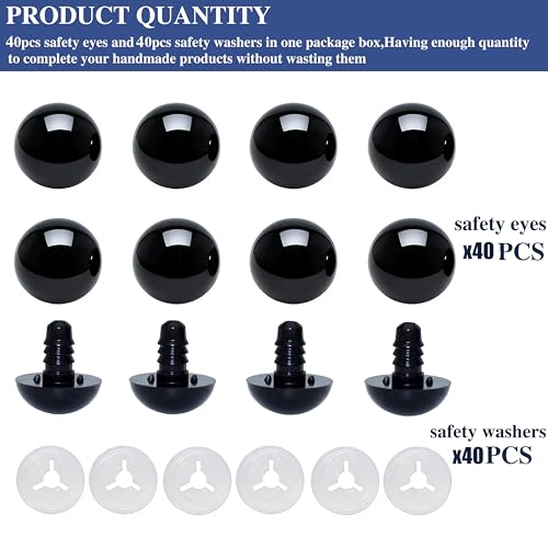 Thalinfayi 16mm Solid-Black Safety Eyes Craft Eyes for Amigurumi Crocheting | 80pcs Plastic Crochet Eyes and Washers for DIY Stuffed Plush Animals & Handmade Crafts ,Gloosy Smooth Surface, Even Color - size: 16mm