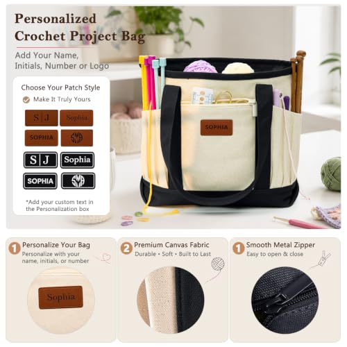 Personalized Crochet Bag with Custom Leather Patch or Embroidered Name, Canvas Knitting Tote for Yarn Storage, Crochet Organizer with Multiple Pockets, Custom Gift for Crocheters & Knitters - color: Nature-Black, size: Make it Personal