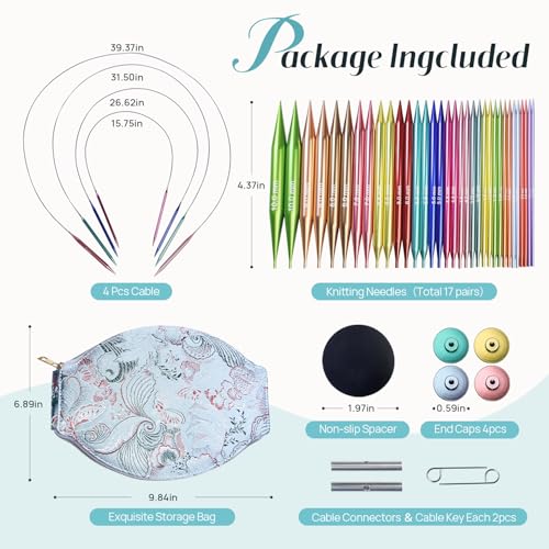 Lewhoo 17 Size Interchangeable Circular Knitting Needles Set 2.2~10.0mm | Aluminum Knitting Needle with 4 Cables ＆ Bag Multicolored-1 - color: Multicolored-1