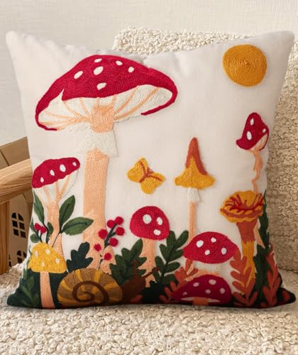 Embroidered Throw Pillow Cover 20x20 Inch, Mushroom Moon | Decorative Pillow Cover, Boho Cottagecore Cushion Case with Hidden Zipper, Home Decor for Couch, Sofa, Living Room, Bedroom - color: Mushroom Moon, size: 20" x 20" (Pack of 1)