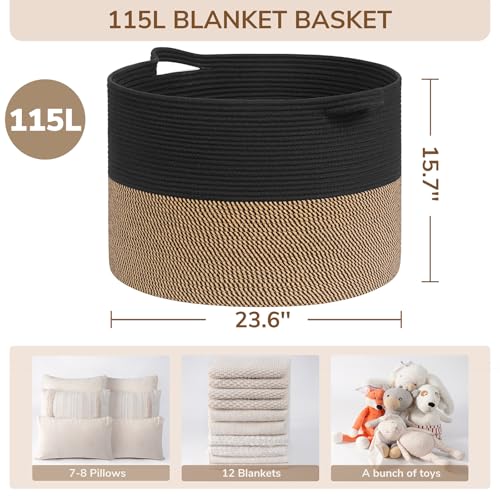 INDRESSME 115L Extra Large Woven Rope Blanket Basket Living Room, Mix Black | 23.6" x 15.7" Storage baskets for toys laundry & pillows. Fits living room, bedroom or nursery décor. Soft-touch with handles - color: Black & Mix Camel, size: 23.6"D x 15.7"H