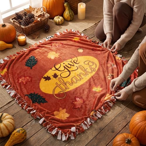 Chumia 2 Pcs/1 Set Thanksgiving Fall No Sew Fleece Blanket Kit 57 x 57 in | Give Thanks Maple Leaf DIY Tie Blanket Kits for Adults No Sew Gifts for Fall Autumn Harvest Thanksgiving Holiday Home Decor - style: Thanksgiving Fall