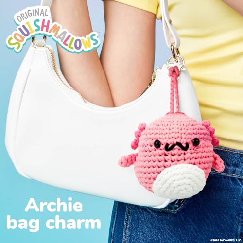 Original Squishmallows™ Crochet Kit – Archie Bag Charm, Axolotl Crochet Kit for Beginners with Yarn, Starter Hooks, Step-by-Step Tutorials, DIY Craft, Great Teen Gifts - color: Squishmallows Archie
