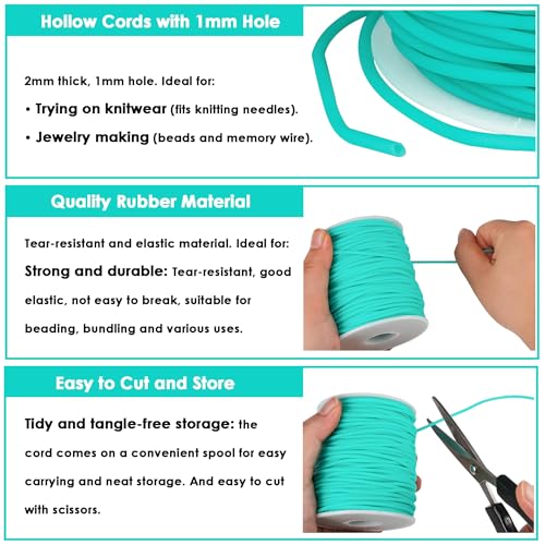 Rubber Tube Cord 54 Yards 2mm Aquamarine Stitch Keeper with 1mm Hole | Tubing Knitting Barber Cord Rubber Saver Rubber Pipe with Spool for Knitting Projects Jewelry Making and Bead Creations - color: Aquamarine