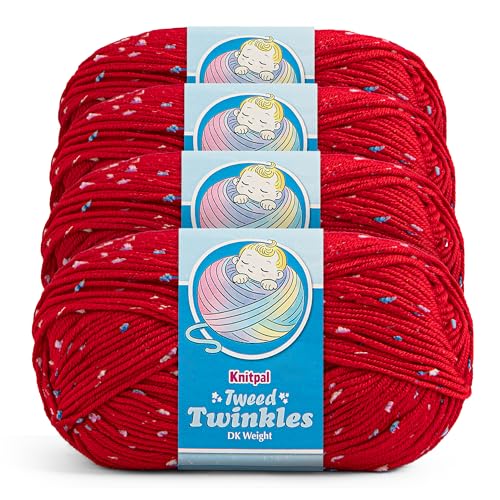 Tweed Twinkles Soft Baby Yarn DK Acrylic, 4-Pack (696Yds/400G), Apple Red | Acrylic Baby Blanket Knitting Yarn with Free Patterns - Size 3 DK Light Worsted Weight Yarn for Crocheting with Flecks - color: Apple Red, size: Pack of 4