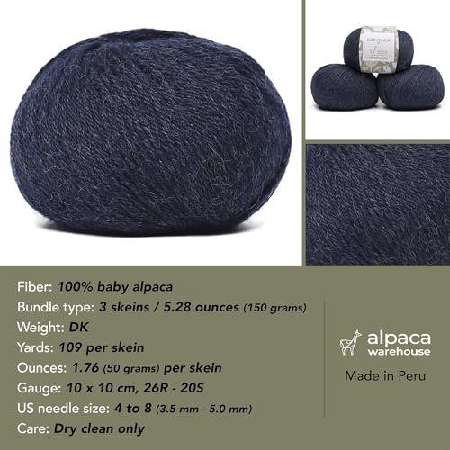 100% Baby Alpaca Yarn 3 Skeins 150g DK Weight Knitting Crochet Blue Jean | Made in Peru with natural warmth and softness featuring 327yd of premium fiber ideal for scarves shawls sweaters and more - color: Blue Jean, size: DK