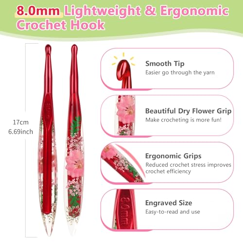 Katech 8.0mm Crochet Hook for Arthritic Hands, Long Aluminum Inline Hooks | Ergonomic Crochet Hooks with Dried Floral Grip-Elegant & Unique, Smooth Crochet Needle-Crochet Gift for Beginner&Crocheter - size: 8.0mm