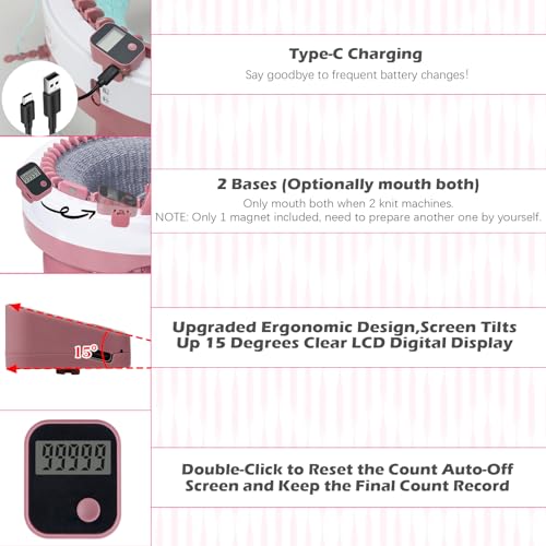 Rechargeable Knitting Machine Counter, Row Counter for Knitting Machine, Removable Magnetic Suitable for 32/40/48 Needle Row Digital Counter (Pink-1PCS)