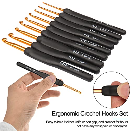 Coopay Black Gold Crochet Hooks, Soft Crochet Hook Set for Arthritic Hands | 2.0-6.0mm Crochet Needles Ergonomic Soft Grips Knitting Hook for Crochet Yarn Craft, Aluminum Crocheting for Knitter Gifts - color: Black Gold