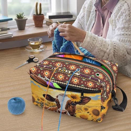 Fuxowvby Sunflower Cow Crochet Bag Tribal Print Yarn Storage Organizer with Adjustable Straps Lightweight Knitting Bag Carrying Case with Holes - color: Sunflower Cow Tribal Print