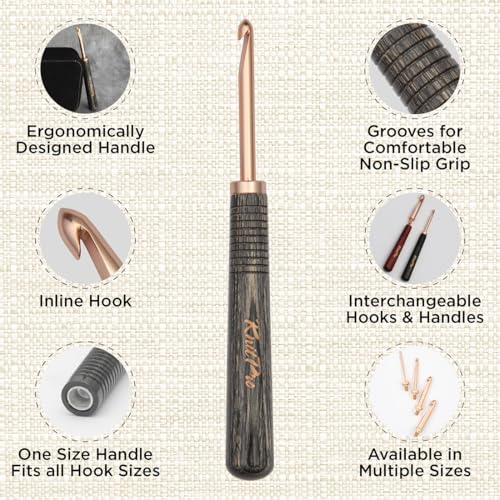 KnitPro Oasis Starter Crochet Hook Set - 1 Wooden Handle, 7 Hooks in Sizes 2mm to 5mm, 1 Rose Gold Scissors, 1 Tape Measure, 10 Metal Locking Stitch Markers, 1 Gripper - size: Starter