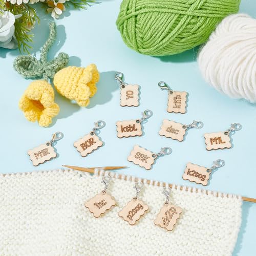 NBEADS 12 Pcs 12 Styles Wood Rectangle Stitch Markers with Lobster Clasp, Knitting Crocheting Accessories for Direction Guidelines