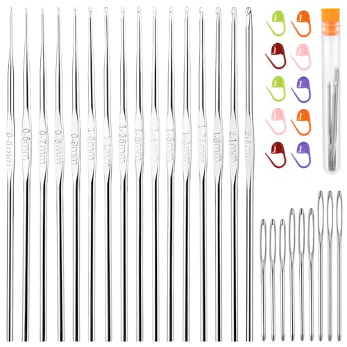 16 Pcs Lace Crochet Hooks Set, 0.5mm-2.5mm Small Crochet Hooks | Crochet Needles for Crocheting Yarn, Knitting Needles Set with Large-Eye Blunt Needles Stitch Markers - size: 33 PCS