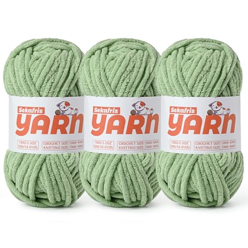 Soft Chunky Chenille Yarn for Crocheting-(300g/10.58oz) Bulky Knitting Crochet Yarn for Blankets-(150m/164yds) Fluffy Velvet Baby Yarn for Amigurumi&Crafts.(3 Avocado Green) - color: 3 Avocado Green
