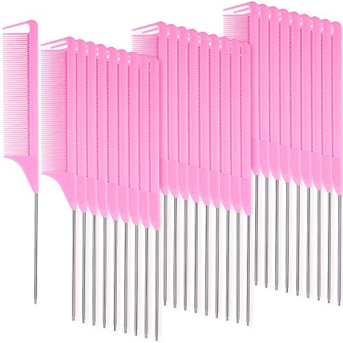 Patelai 30 Pcs Rat Tail Steel Combs Fine Tooth Bulk,Pink | Long Steel Pin Pintail Bulk for Salon Hair Stylists ,Hair Teasing Fine Tooth Comb for Women,Teasing Detangling Tools - color: Pink