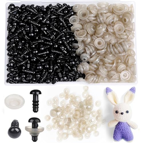 320Pcs 6mm Safety Eyes for Amigurumi Black Craft Doll Eyes | Crochet Animals with Washers, Stuffed Animal Eyes for Plush Dolls Bear Doll Making Supplies - size: 6mm