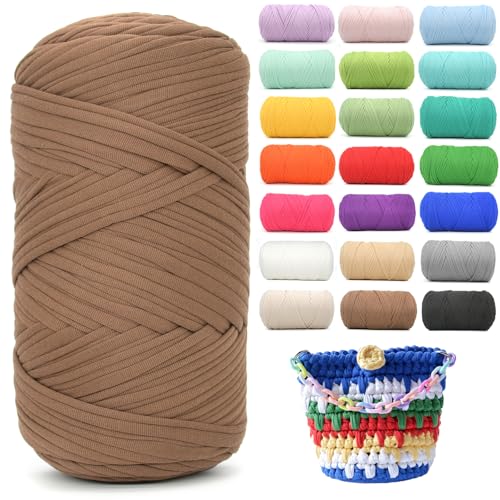 400g Tshirt Yarn for Crochet,Coffee Brown T Shirt Soft Elastic Fabric Chunky Thick T-Shirt Crochet Yarn for Crocheting Knitting Beginner Hand Knitting for Bag/DIY Craft/Home Decor-Coffee Brown - color: Coffee Brown, size: 1 PACK