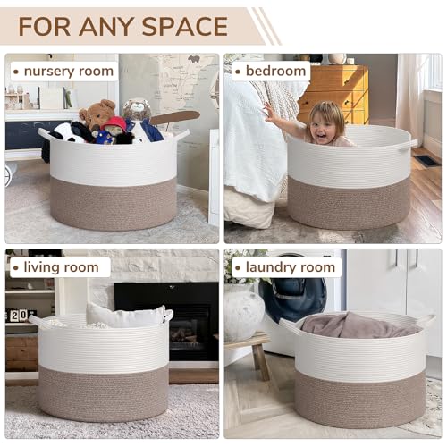 INDRESSME 115L Extra Large Woven Rope Blanket Basket Living Room, Brown | 23.6" x 15.7" Storage baskets for toys laundry & pillows. Fits living room, bedroom or nursery décor. Soft-touch with handles - color: White & Brown, size: 23.6"D x 15.7"H