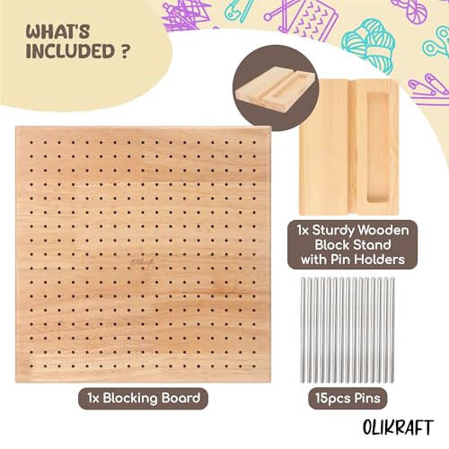 Olikraft Granny Square Blocking Board (9.5 Inch, 15 Pins, Stand) | Durable rubberwood build, evenly spaced 0.5 inch holes for perfect tension, secure hold from rust-resistant stainless steel - size: 9.5 inches, style: Standard - 15 pins