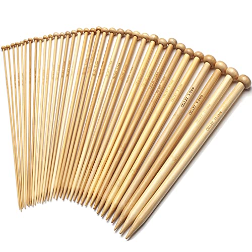 Bamboo Knitting Needles Set, 18 Pairs 14 Inch Long Wooden Knitting Needles for Beginners, US Size 0-15 (2.0-10.0mm) Single Point Straight Wood Needles for Sweaters, Socks, Shawl, Gloves and Scarf - color: White