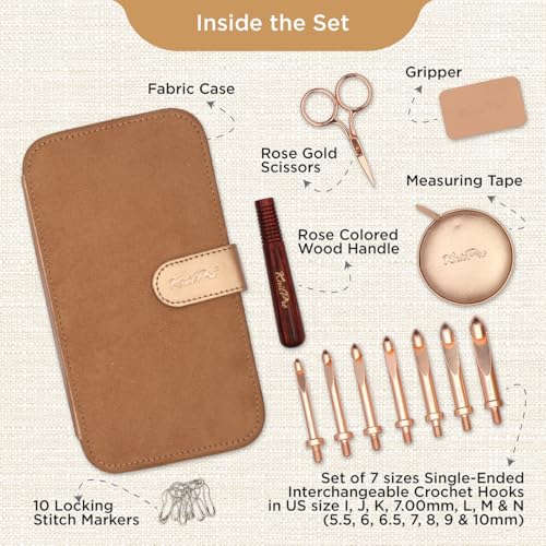 KnitPro Oasis Chunky Crochet Set - 1 Wooden Handle, 7 Hooks in Sizes 5.5mm to 10mm, 1 Rose Gold Scissors, 1 Tape Measure, 10 Metal Locking Stitch Markers, 1 Gripper - size: Chunky