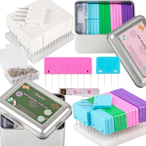 Pack of 2 Knit Blocking Pins, Total 40 Crochet Knitting Combs & 200 T-Pins, Tin Cases, Rainbow Blocking Combs for Crochet and Knitting, White & Multicolor - size: White + Multicolor, 2 Pack