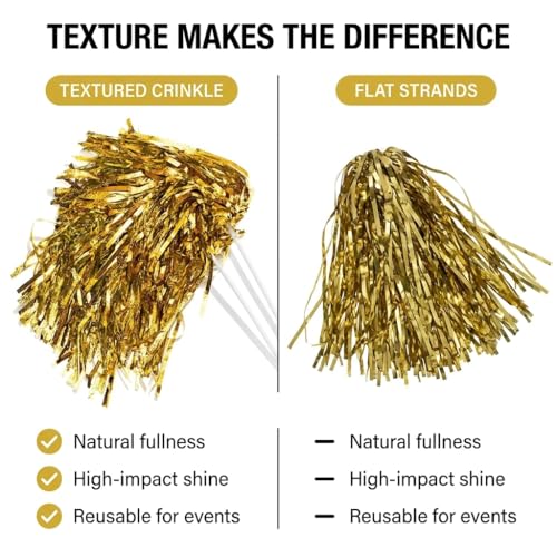Anderson's Metallic Gold Foil Textured Cheerleader Pom Poms- Pack of 10 | Anderson's Metallic Pom Pom School Spirit Shakers, Football, Basketball, Homecoming, Team Party, Dance Performance - color: Gold