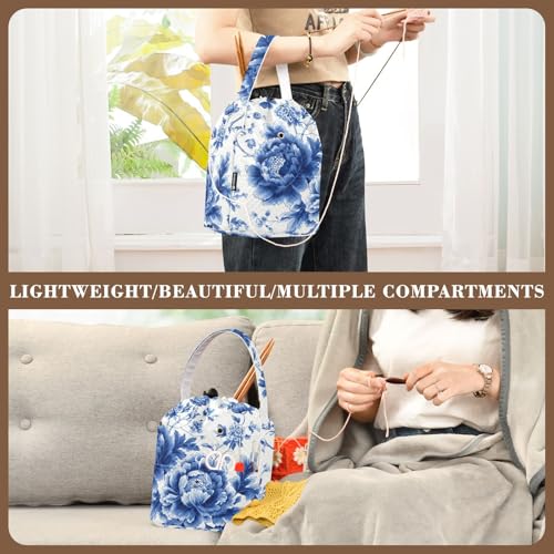 Blue White Peony Flower Butterfly Yarn Bag Small Crochet Bag Drawstring Yarn Storage Organizer Knitting Project Bags Potable Crochet Holder with Holes Handle Crocheting Needles Knitting - color: Blue and White Peony Flowers Leaf
