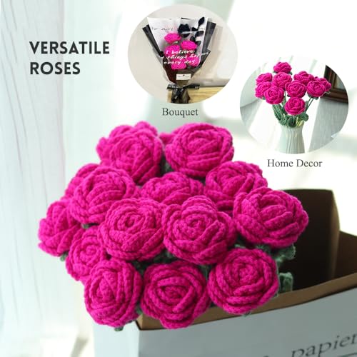 10PCS Hot Pink Crochet Roses | 16.1 in x 2.36in; wool yarn + thin iron wire stem; 100% hand crochet; vase filler, DIY wreath, bouquet, home decor, gift - color: Hot Pink