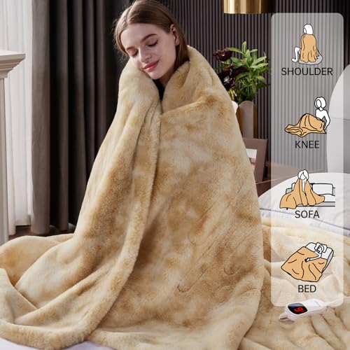 Guohaoi Heated Blanket, Soft Faux Rabbit Fur Electric Throw, 90"×100" | Electric Blanket with 10 Heating Levels 5 Setting Timer Auto Off, Cozy Warm Heating Blankets, Machine Washable, Brown - color: Beige, size: 90''*100''