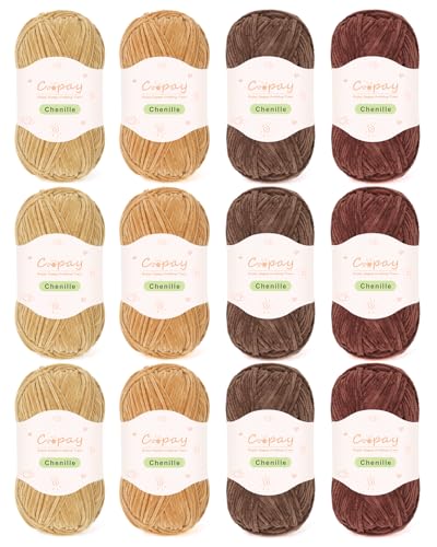 Coopay Thin Chenille Yarn for Crocheting & Knitting, Brown Gradient | Crochet Yarn Set - 600g Total, Velvet Yarn for Colorful Crafts, Blankets, Plush Dolls, Decorative Handmade Works - color: Brown Tones, size: #2 Thin