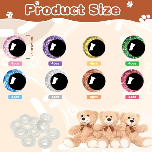 64 Pcs 30mm Safety Eyes Colorful 3D Safety Eyes for Amigurumi Plastic Eyes for Crochet Animals DIY Handcrafts Doll Making Supplies