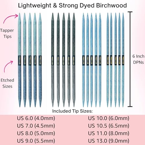 Lykke Indigo Large 6-inch DPN Knitting Needles Set | Large US 6, 7, 8, 9, 10, 10.5, 11, 13 Azure Case, Birchwood Semi-Sharp Tips, Project Bag - color: Indigo-with-Azure-Case