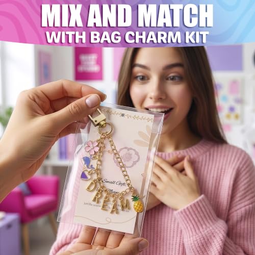 AZZORI Lip Gloss Keychain Making Kit, 284 Pcs, Plier & Ring Opener | Bag Charm Making Kit: 66 Cherry, Heart, Star, Pearl Bow, Fruit Charms, 26 A-Z Letters, Lobster Clasps; Gift-Ready in Zip Bags - color: Keychain Kit - 283 Pcs