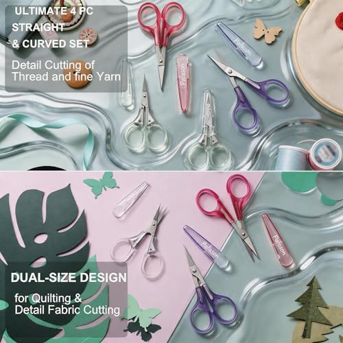 PAFASON Small Travel Embroidery Craft Scissors Set Straight Curved Tip | Stainless Steel for Scrapbooking Quilting Sewing Knitting Cross Stitch Crochet Thread Yarn Paper Detail Cutting Safety Case - style: Contemporary