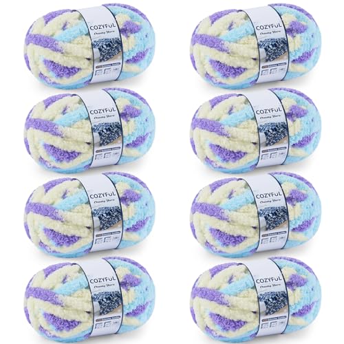 Cozyful Chunky Yarn for Hand Knitting - #10 Chunky Chenille Blanket Yarn, Jumbo Big Thick Chunky Yarns for Crocheting, Tie Dye Bulky Knit Yarns, 8 Skein (20 yds 8 oz Each Skein), Purple&Yellow&Blue - color: Purple&Yellow&Blue