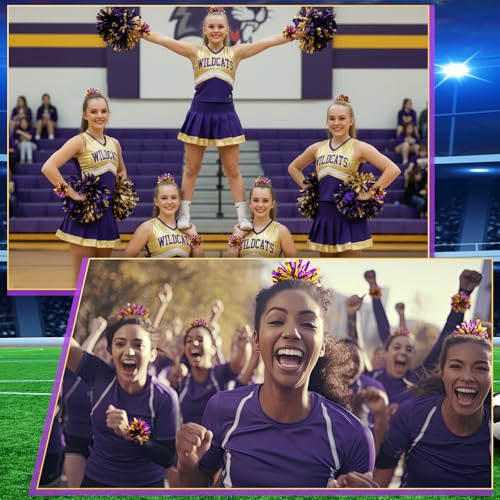 Shappy Mini Pompom Hair Tie 4inch Cheerleading Ponytail Holder | Team Spirit Design, Elastic Hair Ropes, Compact Cheer Accessories for Football Games, Dance Events and Party Favors - color: Purple Gold