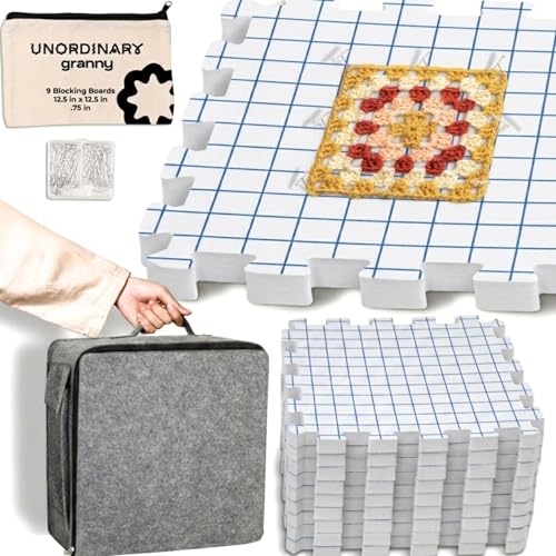 Unordinary Granny® Crochet Blocking Set-9Pc Extra Thick 12x12 Interlocking EVA Foam Mats with Grid, 150 T-Pins, Felt Storage Bag and Cotton Pouch, Soft White - color: Soft White