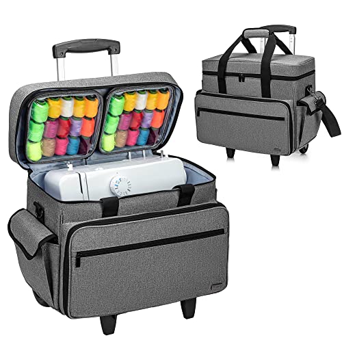 Teamoy Rolling Sewing Machine Case with Wheels, Gray | Compatible with Singer, Brother and Most Majority Machines and Accessories, with Detachable Wheels and Bottom Wooden Pad - color: Gray